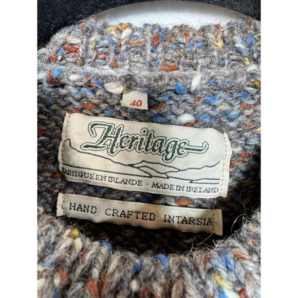 Vintage Irish Wool Fisherman Sweater 4 Diamond Pattern Grey And Multi - Picture 2 of 5